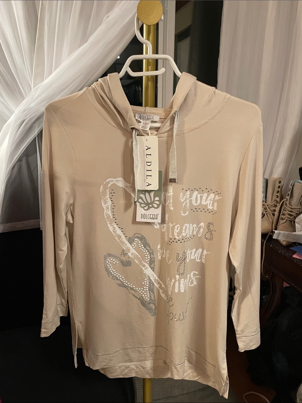 Women's Beige Hooded Long-Sleeve Top with Metallic Heart Detail